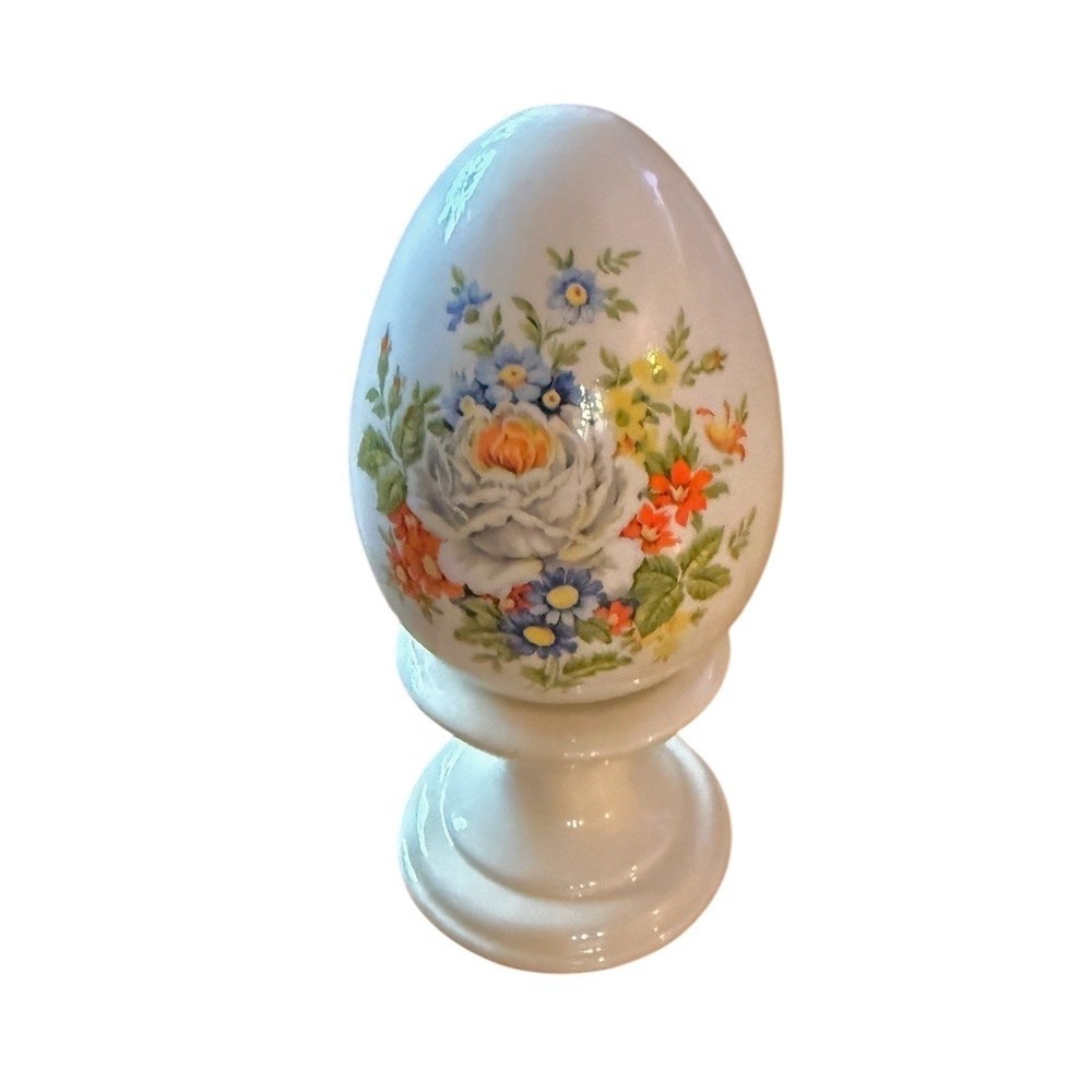Vintage Avon Floral Decorative Egg with Pedestal Stand Four Seasons 1980 decor